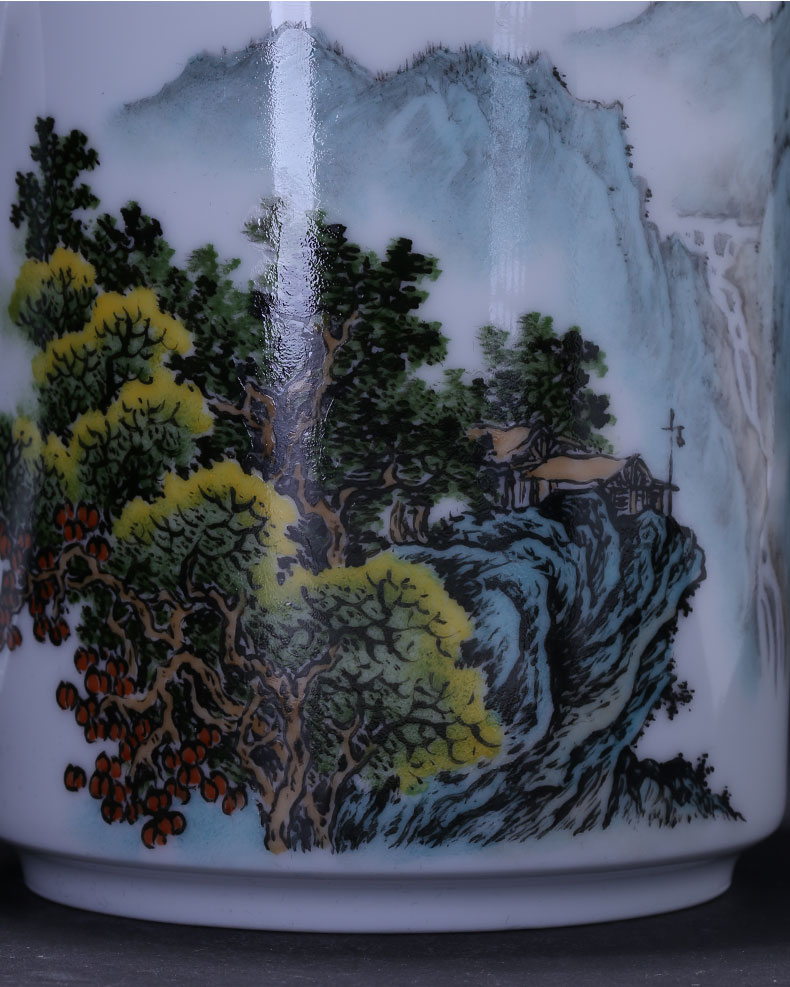 Holy big office cup hand - made ceramic pastel landscape double painting with cover cup boss cup tea cup of jingdezhen tea service