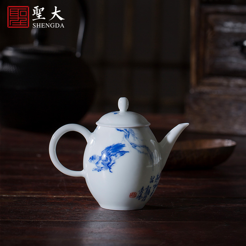 Holy big teapot hand - made ceramic kung fu finches poetic spherical filtering teapot manual jingdezhen blue and white spirit tea sets