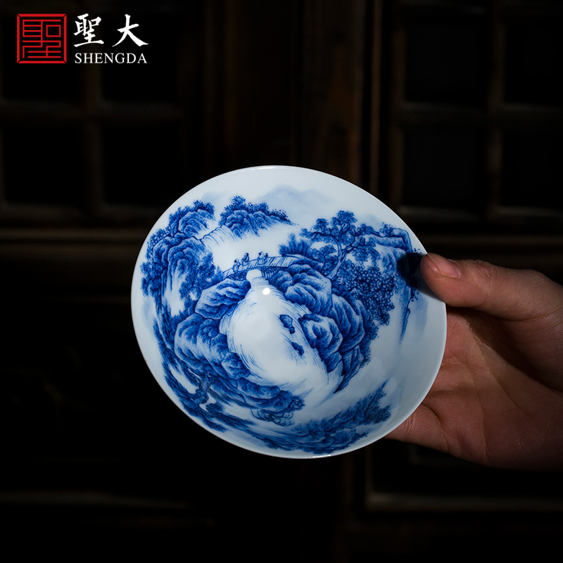 St the ceramic hat cup thin foetus hand - made jingdezhen blue and white landscape hat to heavy light tea kungfu masters cup