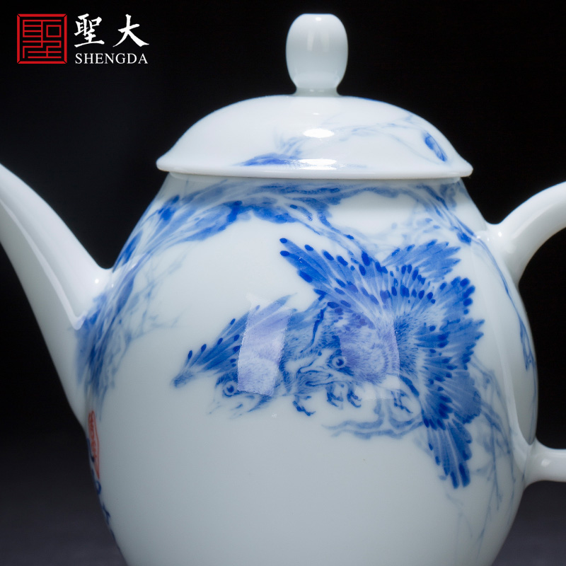 Holy big teapot hand - made ceramic kung fu finches poetic spherical filtering teapot manual jingdezhen blue and white spirit tea sets