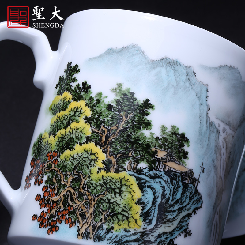 Holy big office cup hand - made ceramic pastel landscape double painting with cover cup boss cup tea cup of jingdezhen tea service