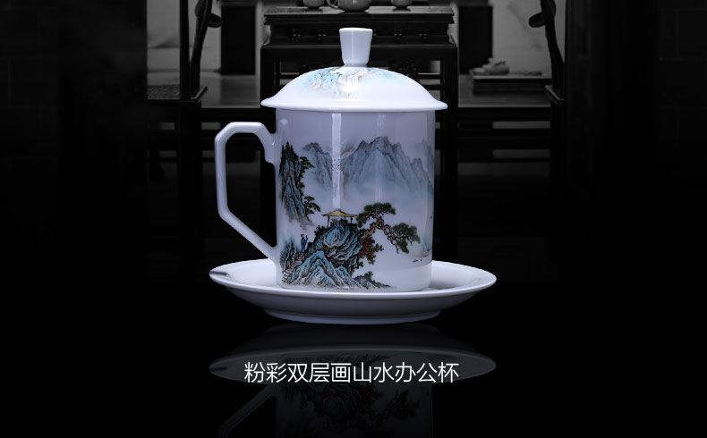 Holy big office cup hand - made ceramic pastel landscape double painting with cover cup boss cup tea cup of jingdezhen tea service