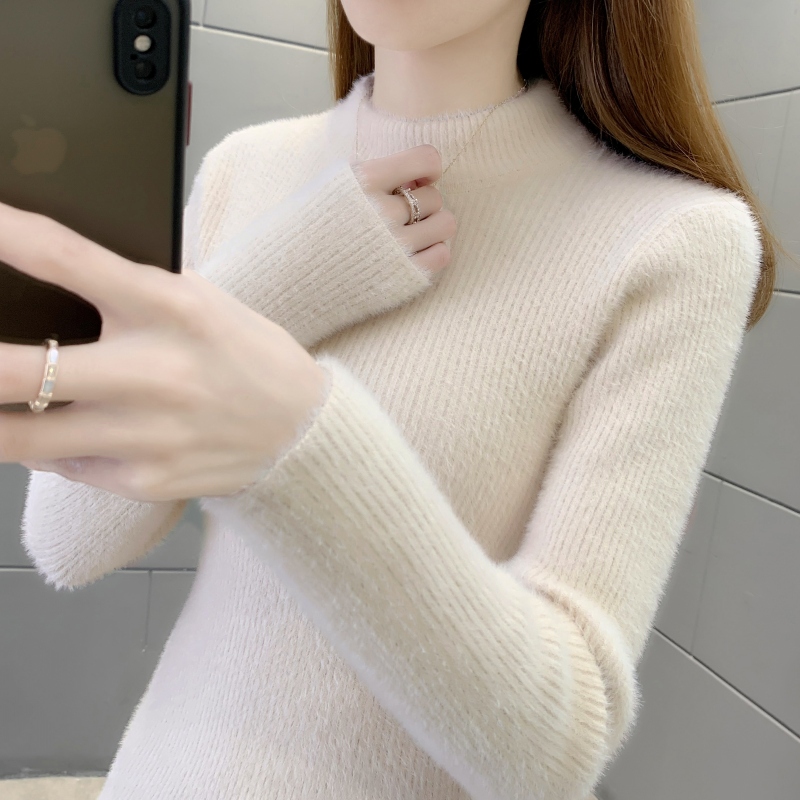 Solid Color Half-High Collar Pullover Mink Velvet Knit Top Inner Layer Base Shirt Autumn and Winter New Warm Sweater for Women