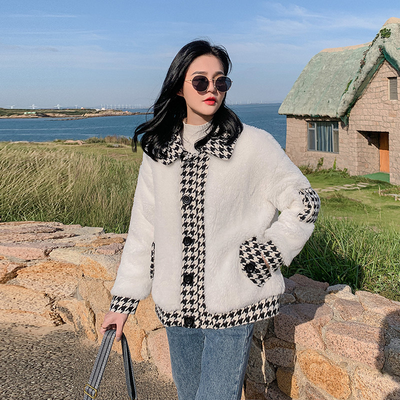 Fashion lamb fur coat female short section clear cabin special price fashion splicing plaid slim cashmere tide