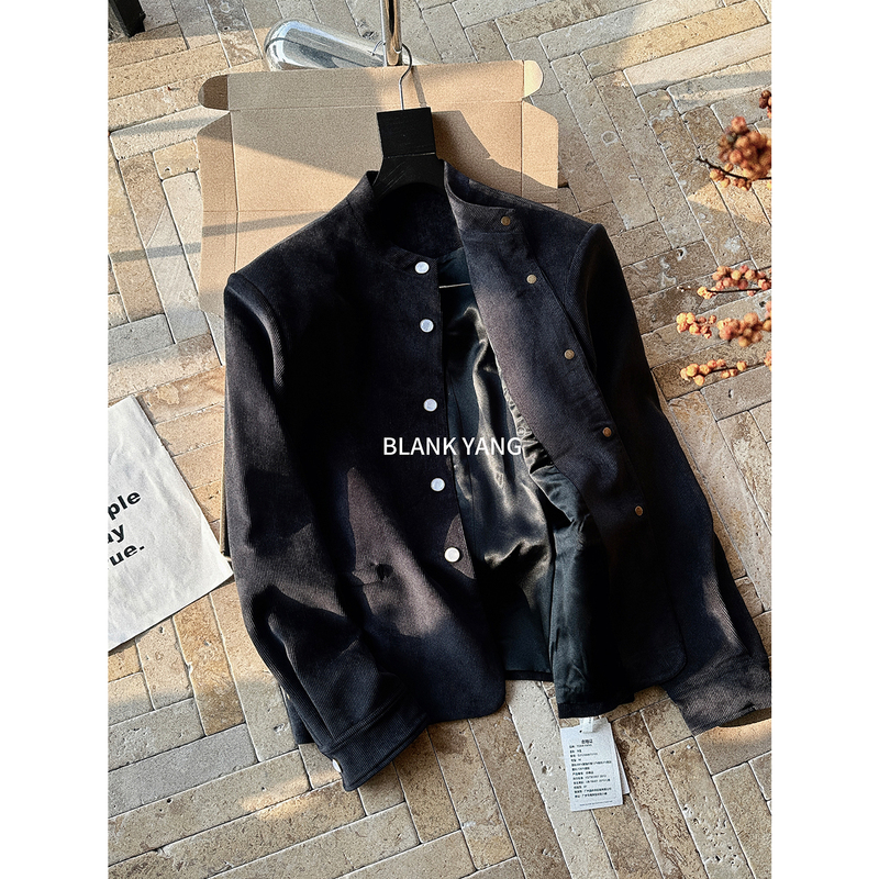 Treamyang- "Molian Velvet" New Chinese Style Corduroy Jacket with Mandarin Collar, Cat's Eye Buttons, Regular Shoulder Coat for Men 1101