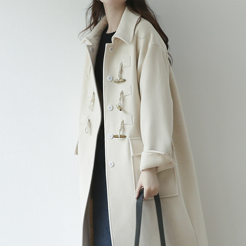 Suin2022 autumn and winter new Korean version of college style beige mid-length horn buckle woolen coat coat female 9275