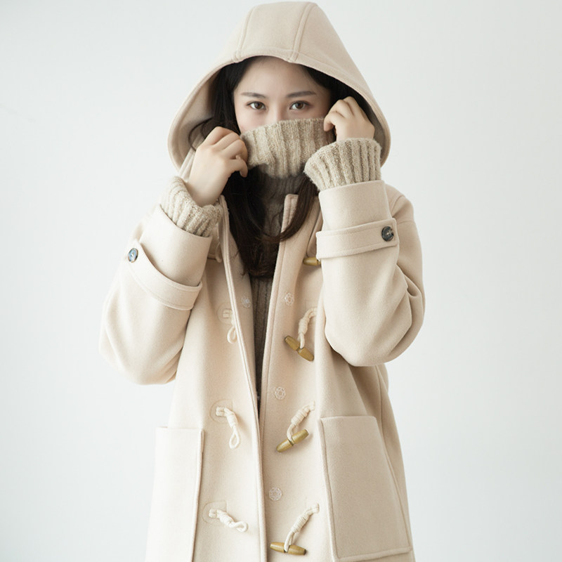 suin2020 autumn and winter New Art loose Leisure College long version hooded horn buckle wool coat coat women