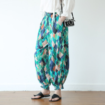 suin2021 spring and summer new art retro holiday National style flower color elastic tight foot lantern trousers anti mosquito pants women