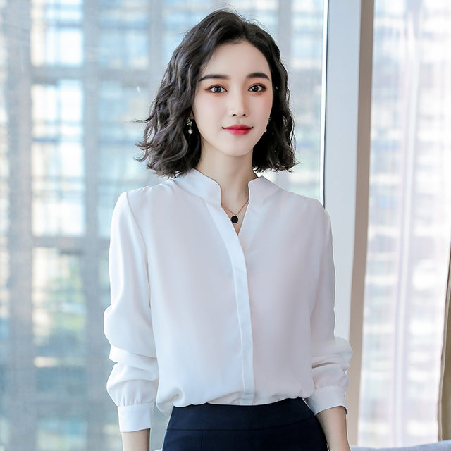 Chiffon white shirt for women, fashionable, long-sleeved, loose professional top, light and mature style, stand collar, Korean version, versatile work clothes