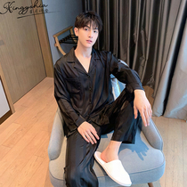 Striped mens pajamas mens spring and autumn 2022 new ice silk summer thin long sleeve silk loungewear set
