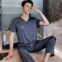 Ice silk short-sleeved pajamas mens summer thin premium sense 2022 new size silk spring and autumn day homewear