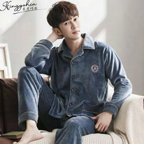 Coral fleece mens pajamas fall winter flannel winter plus plus plus thick warm long sleeves homewear set