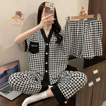 Chidori pajamas womens summer short-sleeved cotton premium sense 2022 new three-piece set spring and summer homewear
