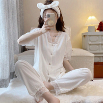 Lace Pajamas Womens Summer Cotton Short-Sleeved Trousers 2022 New Spring and Autumn Sexy Pure Desire Homewear Set