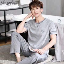 Cotton mens pajamas spring and autumn thin short sleeves long pants mens 2022 new summer loungewear set