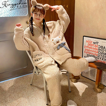 Coral fleece pajamas women 2022 new autumn winter thickened plus velvet net red cute winter can wear housewear