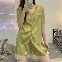 Ice silk pajamas womens summer sexy chidori grid 2022 new premium sense can be worn outside thin homewear summer