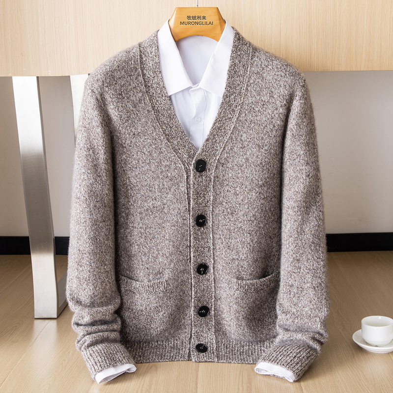 100% Pure Cashmere Sweater Men's Cardigan V-Neck Knitwear Winter New Thickeneded Zodiac Year Red Sweater Jacket