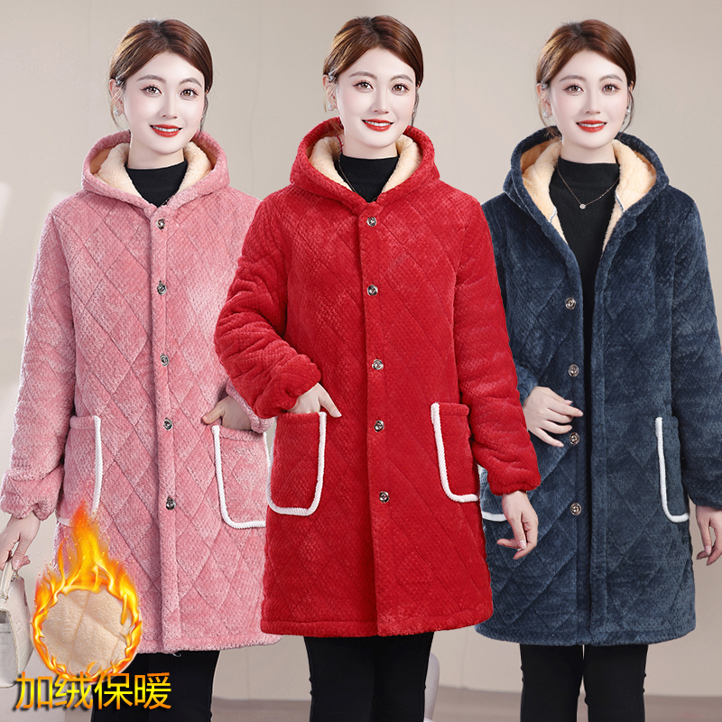 Middle-Aged and Elderly Women's Winter Mid-Length Fleece-Lined Coat, Plus-Size Cotton Jacket, Stylish Thick Cotton Outerwear for Moms