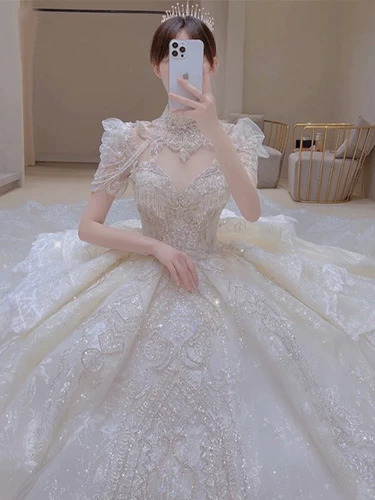 Французское главное свадебное платье 2023 Новая невеста, плечо, плечо, высокий смысл в стиле суда, роскошная тяжелая работа, высокая талия, хвост