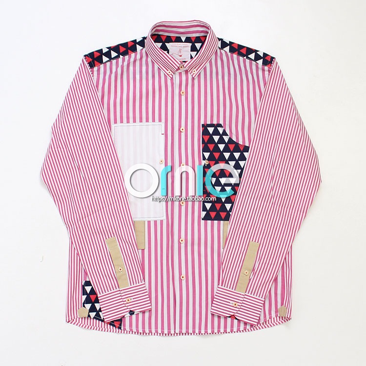 Japanese-Style Playful Design, Ice Cream Stick-Shaped Pockets, Crazy Patchwork, Fine Stripes, Couple's Style, Long-Sleeve Shirt