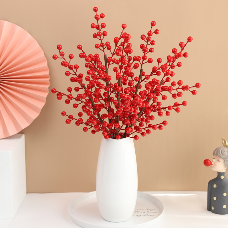 新年の花 新年の飾り 花飾り 幸運の果物 シミュレーション花飾り 造花 ヒイラギ 赤い果物 リビングルーム 新築祝い フラワーアレンジメント