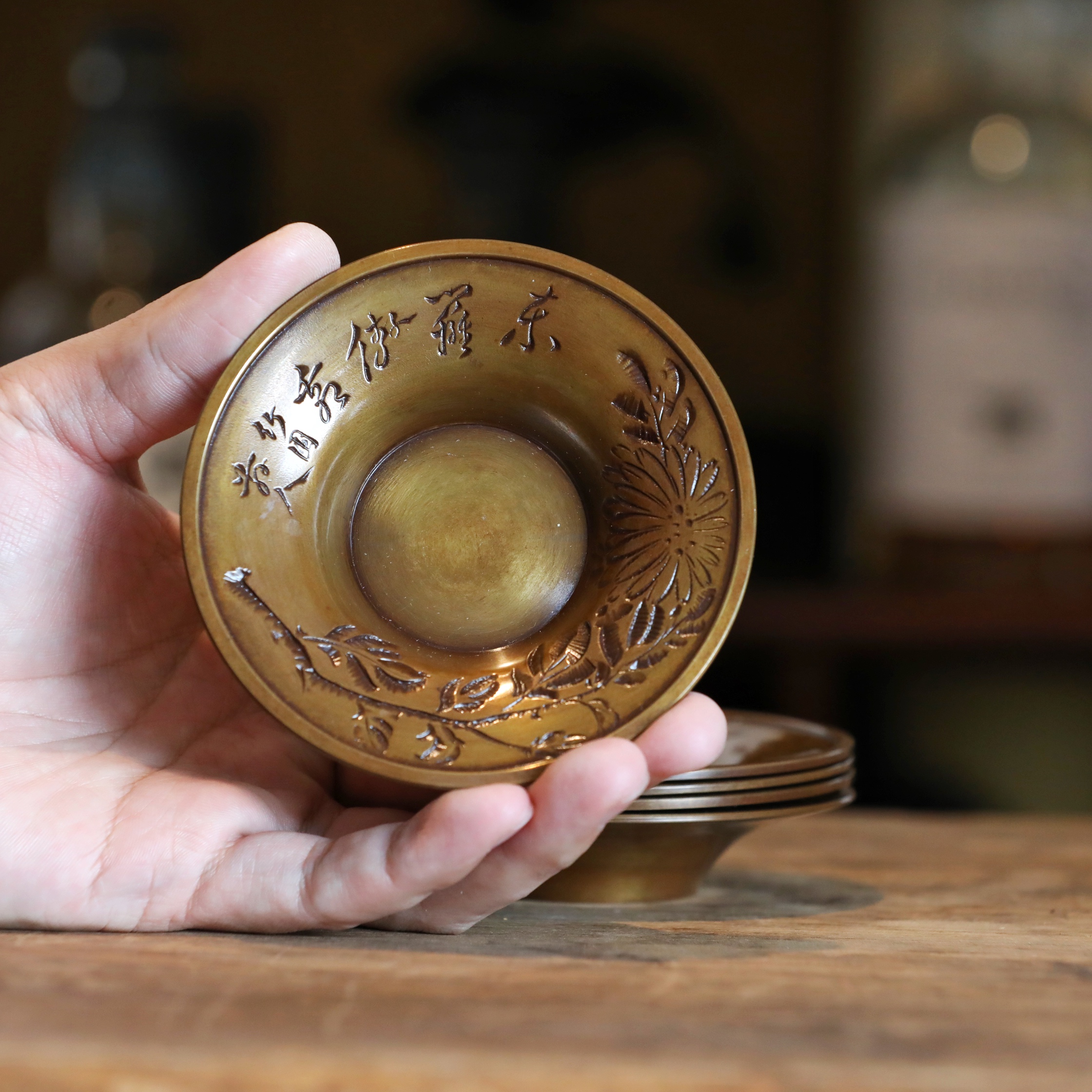 日本昭和金工锻荣作五君子手工刻铜杯托五客『龙宝山茶堂』