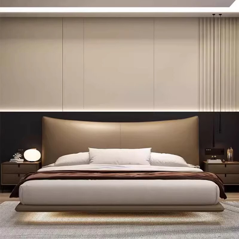Italian Minimalist Floating Leather Bed, Modern Simple Wedding Bed, Master Bedroom Bed, 1.8m Chanel Double Bed with Matching Sides Italian Minimalist Floating Leather Bed, Modern Simple Wedding Bed, Master Bedroom Bed, 1.8m Chanel Double Bed with Matching Sides