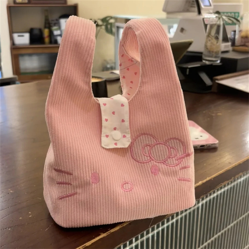 Pink Sweet Kitty Bag Portable Corduroy Canvas Bag Office Worker Miscellaneous Small Tote Bag 2025 New Model