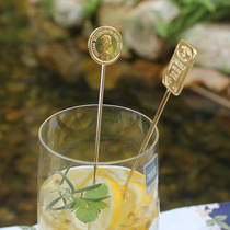 Japan imported stainless steel plated gold coin stirring spoon coffee cold drink milk tea long handle stirring stick cute
