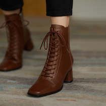YCF retro - coarse and brown boots woman 2022 new spring - autumn single boot square leather strand with high and Martin boots