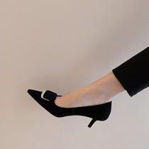 YCF Korean tip of the slime shoe woman 2022 new leather button commuter OL high heel shoes shallow female shoes