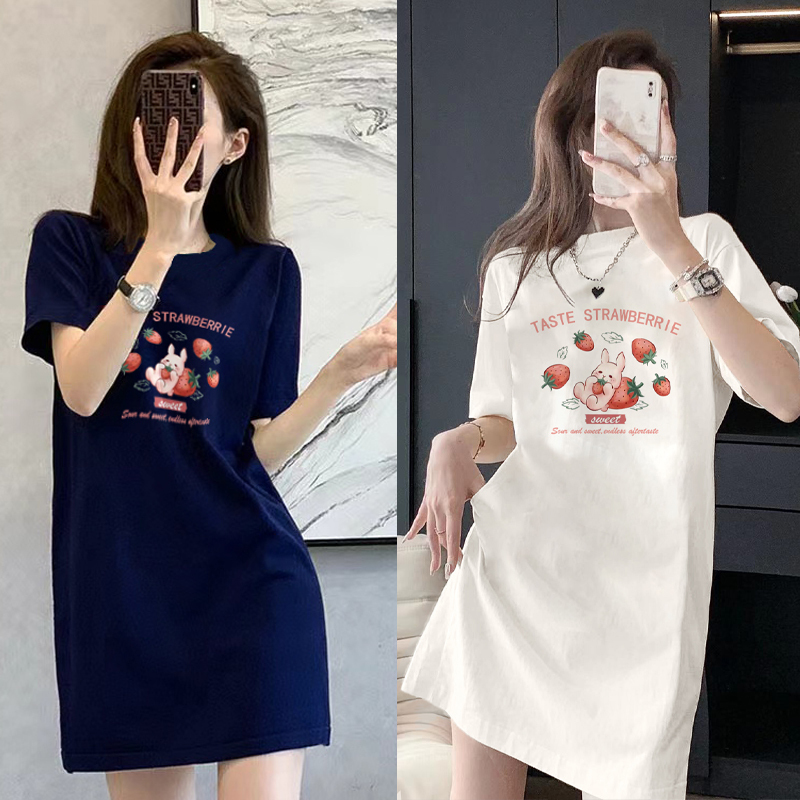 Summer Mid-Length Dress Hong Kong Style Trendy Brand Loose Long Short-Sleeved T-Shirt Women's Hip-Covering Top Pure Cotton T-Shirt Dress