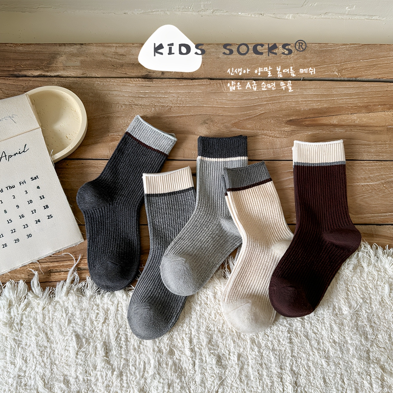Girls' Socks for Spring and Autumn, Pure Cotton, Seamless, Vintage Mid-Tube Socks, for Older Girls and Toddlers, Korean-Style Princess Style, Color-Blocked Cotton Socks