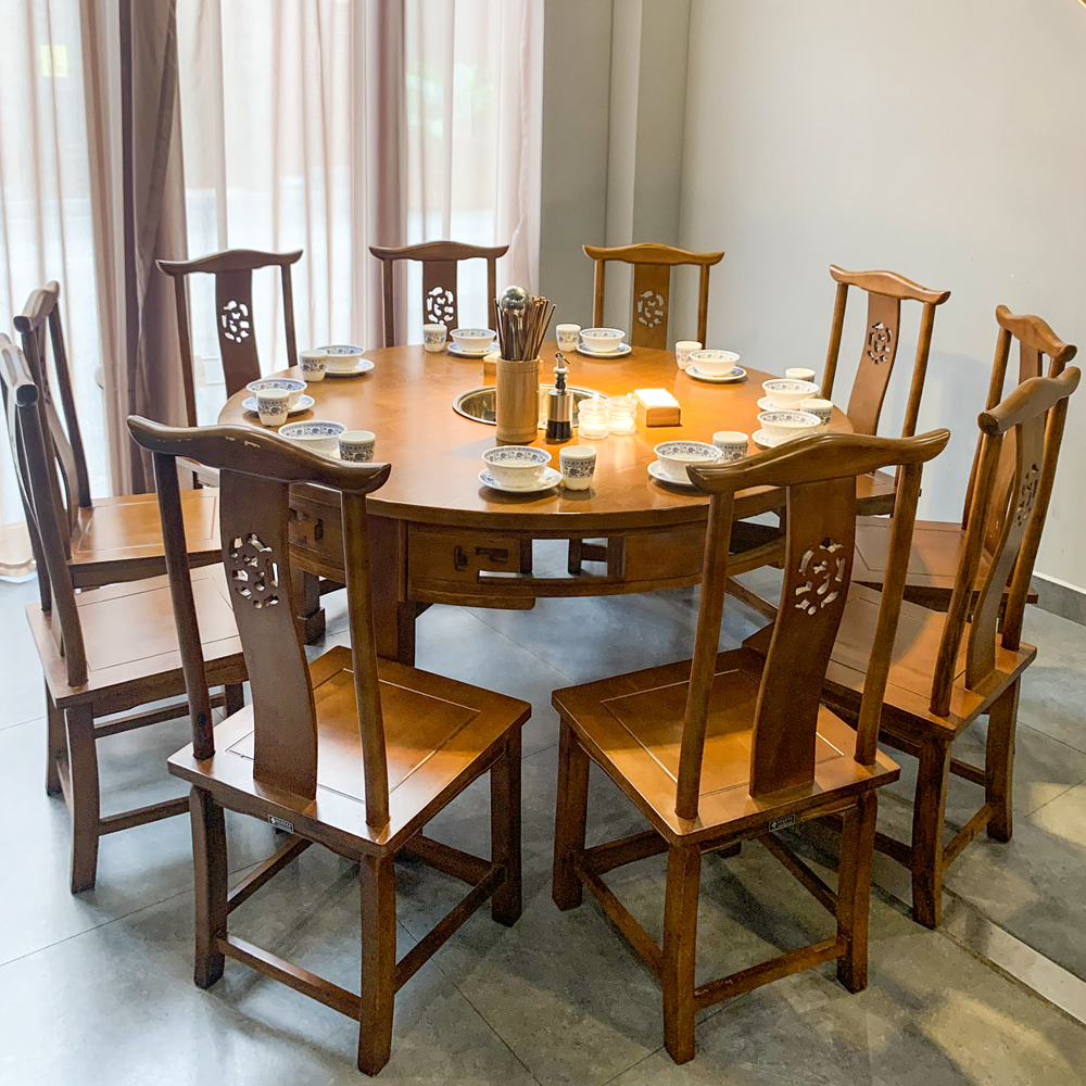 Hot pot barbecue restaurant marble hot pot table induction cooker one commercial solid wood dining table large round table combination home