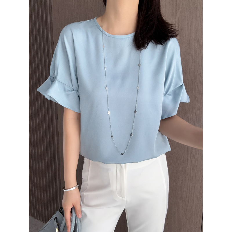 Simple yet Stylish! Commuting Chic 23mm Heavy Crepe Stretch Silk Pleated Puff Sleeve Round Neck Top Shirt