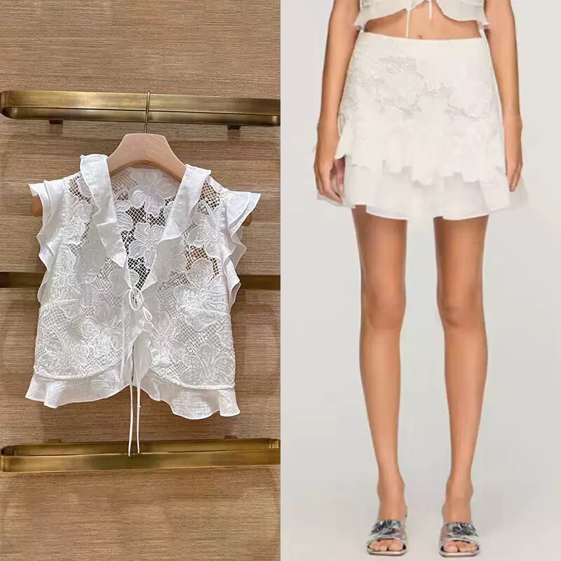 2026 Spring and Summer New Style Sd French Fashion Lace-Trimmed Ruffled Short Shirt Top + High-Waisted Skirt