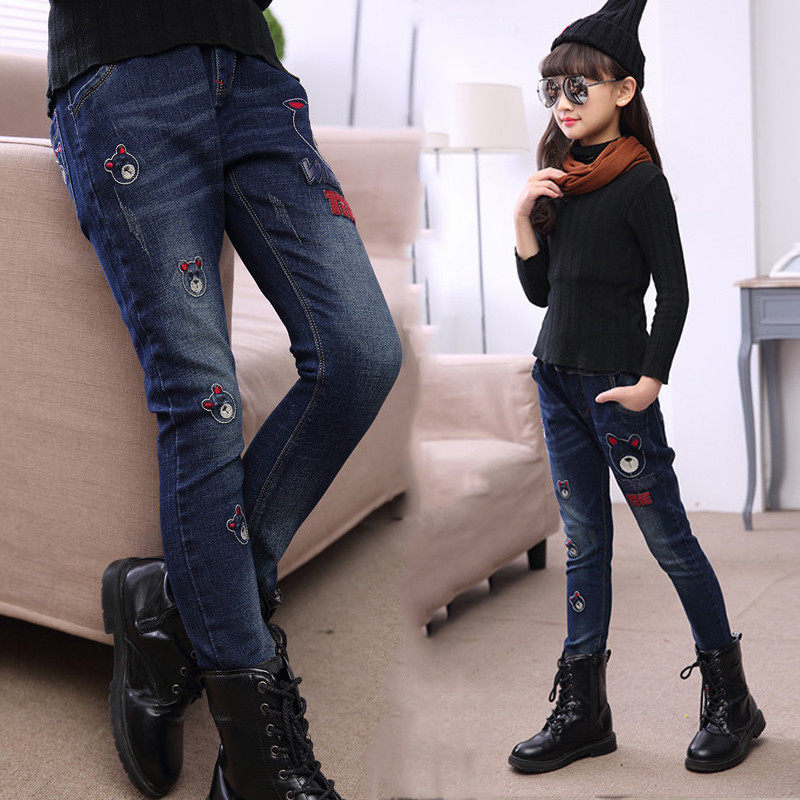 Autumn and winter girls plus velvet jeans girls pants in big children loose stretch jeans children jeans cotton pants
