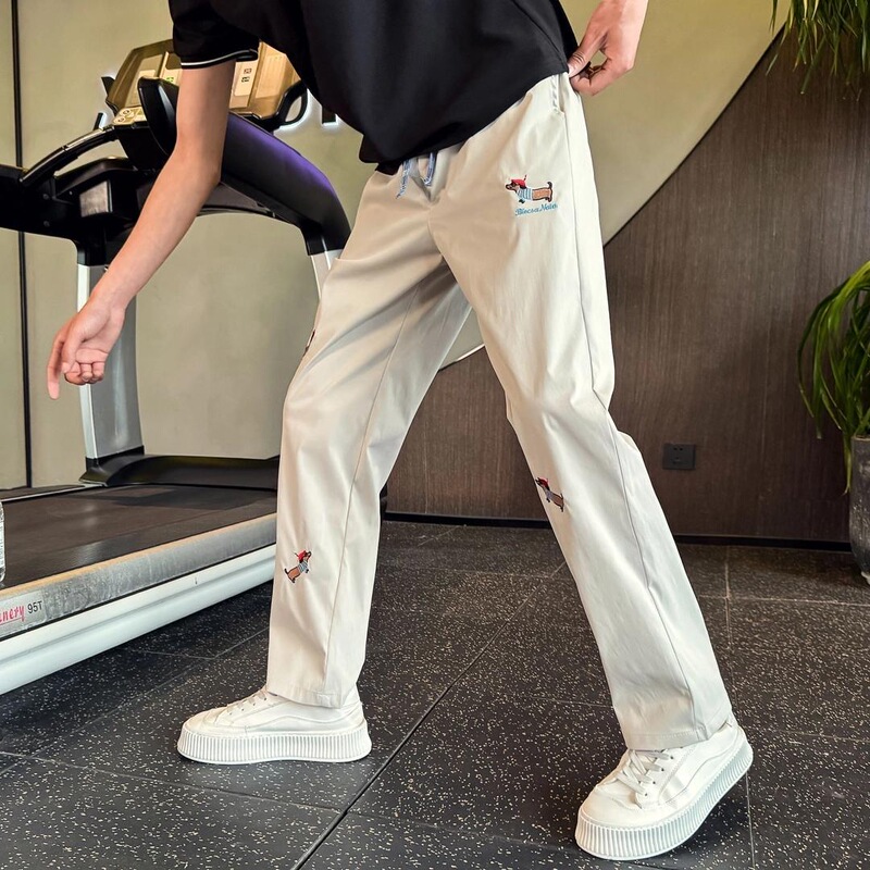 Popular Ice Silk Quick-Drying Casual Pants for Men, Summer Thin Style with Puppy Embroidery, Straight-Leg Pants, 2025 New Loose Wide-Leg Pants
