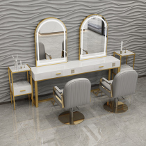 Hairdressing shop solid wood mirror table Net red with light hairdressing special cabinet one-body mirror with light photo studio makeup mirror table