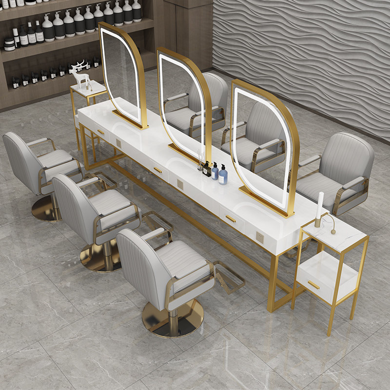 Hairdressing mirror table LED mirror with lamp European-style beauty salon wall hanging hair salon leaf style haircut makeup mirror