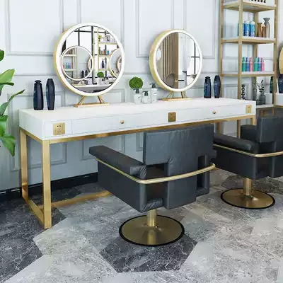 Net red shop mirror table hairdressing shop tide style with lamp simple marble dyed and hot single-sided mirror photo Hall dressing table