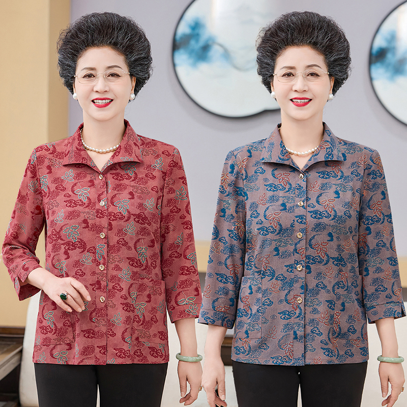 Grandma's Thin Shirt with Three-Quarter Sleeves, Loose Fit, Turn-Down Collar, Women's Spring and Summer Clothing for the Elderly, Casual Outerwear