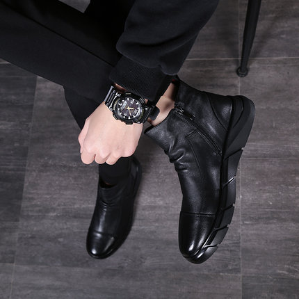 Martin boots male high cylinder leather shoes Men's Inn Wind Winter men's shoes 100 lap men's boots Boots Black Leather Boots Glint