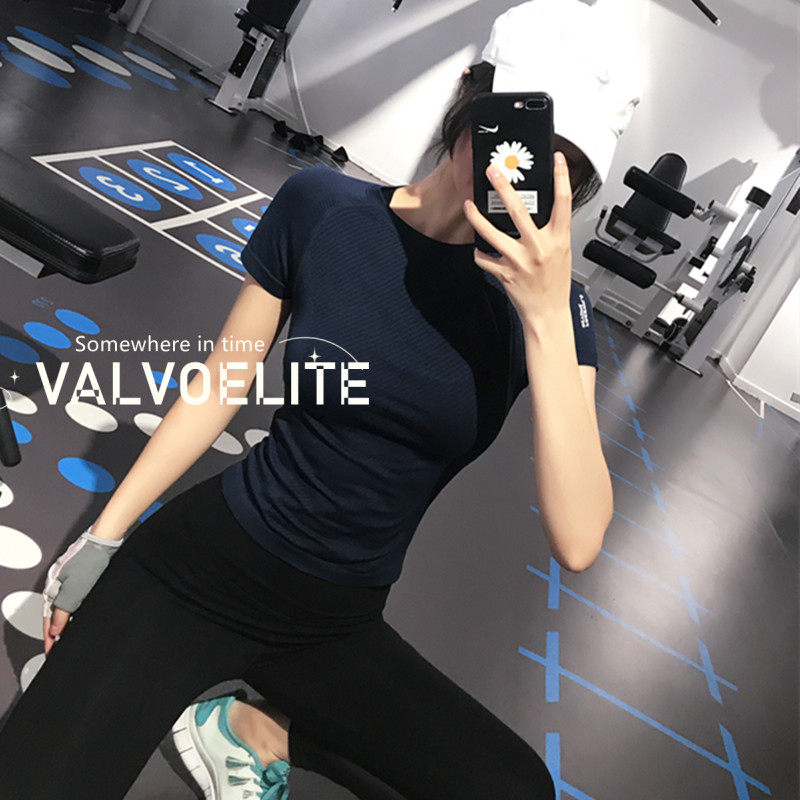 VALVOELITE Short Sleeve Sports Blouse Women Speed Dry Elastic Tight Round Collar Display Slim Running Fitness Yoga T-shirt