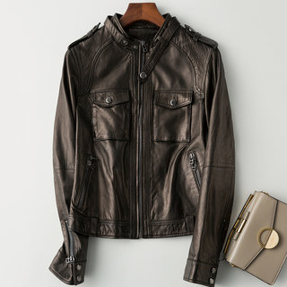 2023 New Style Short Genuine Leather Jacket for Women, Slim Fit High-Waisted Motorcycle Sheepskin Jacket for Spring and Autumn, Haining