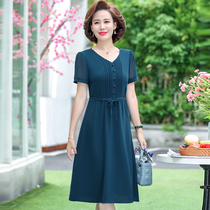 Middle Aged Mom Snowspinning V Collar Dress Woman Spring Summer Dress 2022 New Big Code Fat Mm THIN OCEAN DRESS