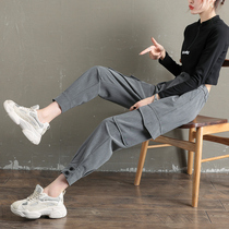 Tie-foot overalls womens spring and autumn handsome thin high waist 2021 new straight loose gray suit casual pants