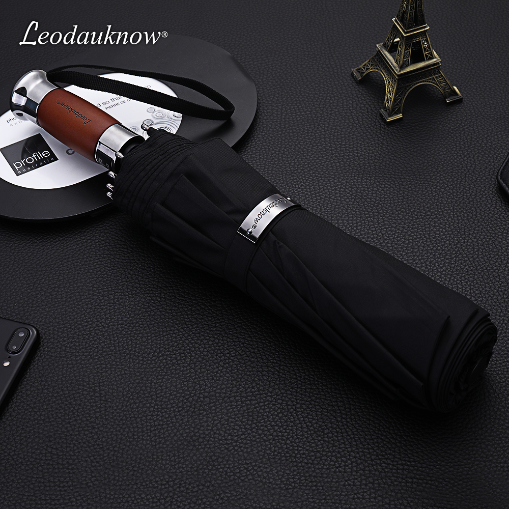 Leodauknow Ten-bone business wooden handle simple super three-fold double anti-rain and windproof automatic rain umbrella