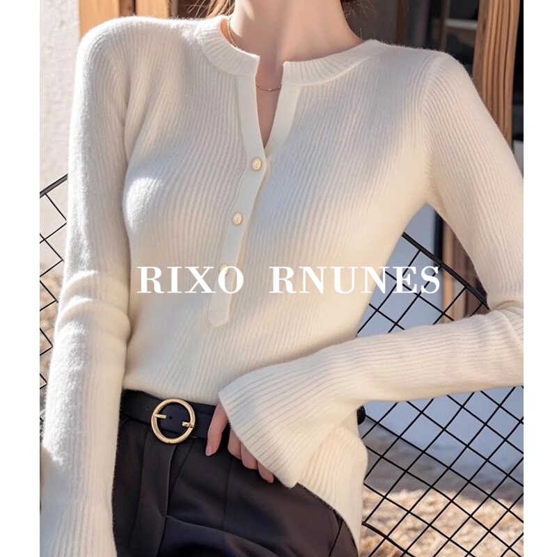 Rixo Rnunes French-Style Spring and Autumn White V-Neck Long-Sleeve Sweater Knit Top for Women, Stylish and High-End
